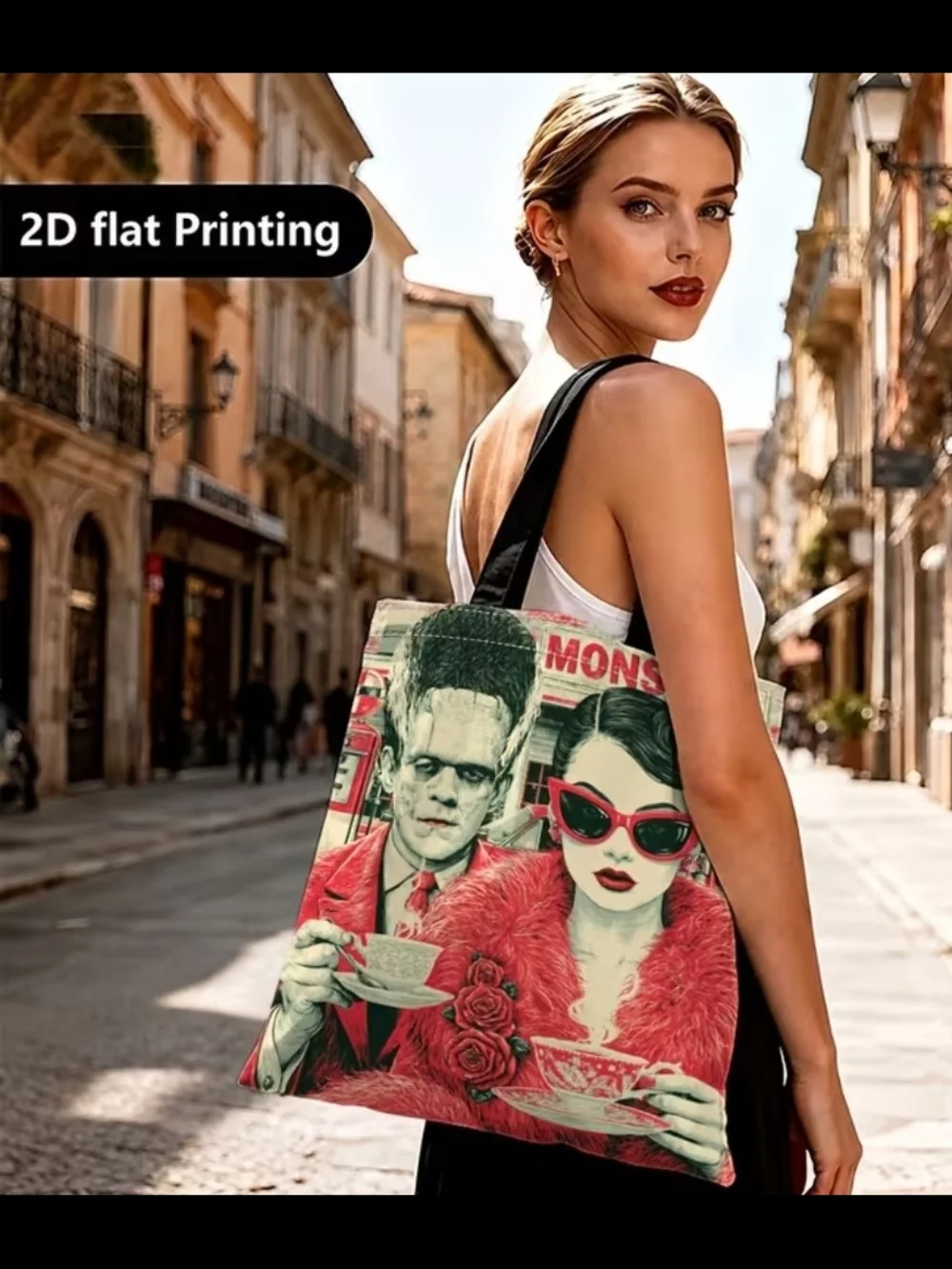 Monster Retro Art Tote Bag in Red and Black